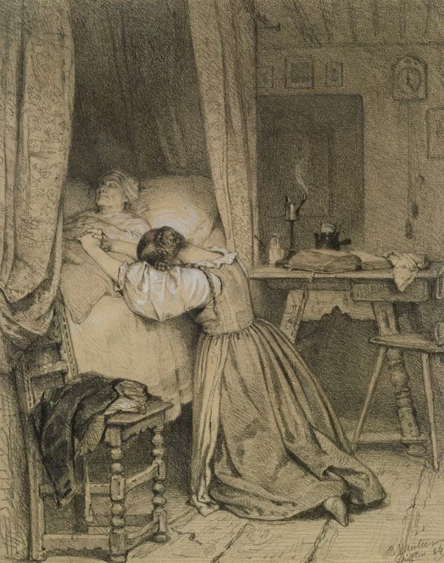 Donna che prega sul letto di morte
